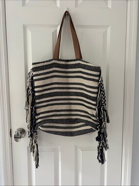 Stylish Black & Cream Fringe Tote Bag with Tan Handles